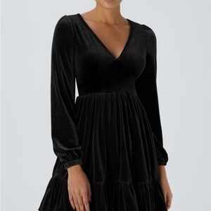 HALARA Everyday Deep V Neck Long Sleeve Ruffled Hem Velvet Mini Chill Dress